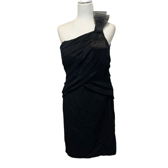 VTG Kay Unger Black One-Shoulder Pleated Cocktail Mini Dress Women size 10 - Picture 1 of 8